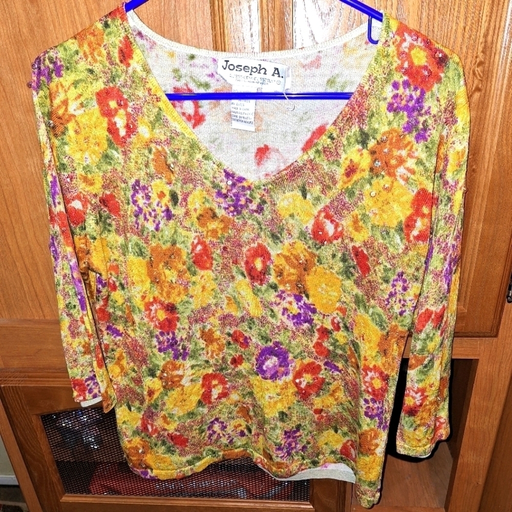 A Joseph A. Silk and metallic v-neck top with a floral pattern in a ladies large